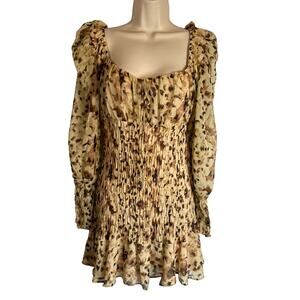 Acoa Leopard Print Mini Dress Smocked Ruffled Peasant Boho S Small